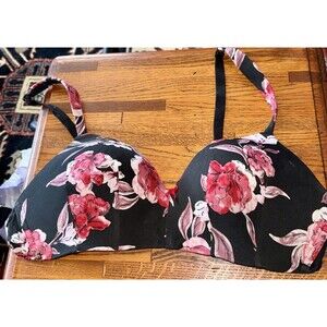 Cacique Bra Size 40C Lightly Lined T Shirt Wireless Red Floral Black Seamless